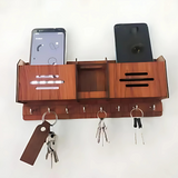 Wooden Key Holder & Charging Station – 8 Hooks, Brown | Wall Mount for Keys, Mobile & Pens | Stylish 3D Wall Art & Decor for Home or Office